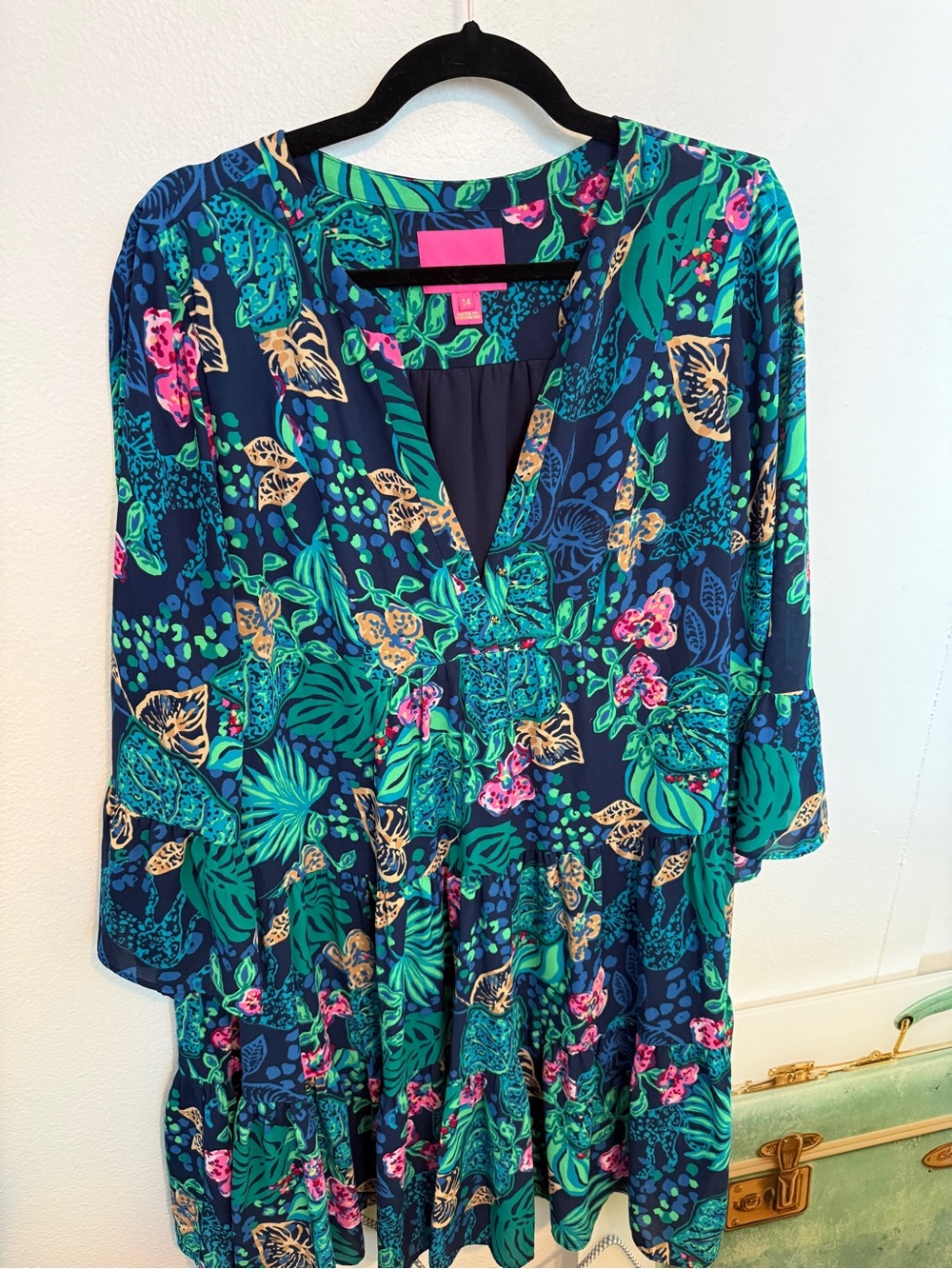 Lilly Pulitzer Navy Floral Vivid Green & Pink Tiered Dress